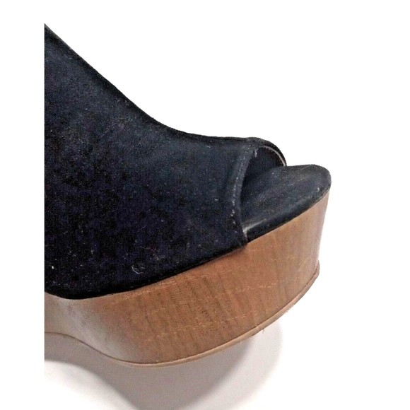 Qupid Platform Wedge Fringed Heel Sandal Black Suede Leather Elastic Back - Picture 2 of 12